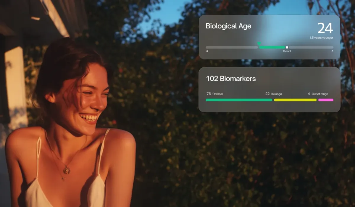 A smiling woman beside cards showing her biological age and 102 biomarkers